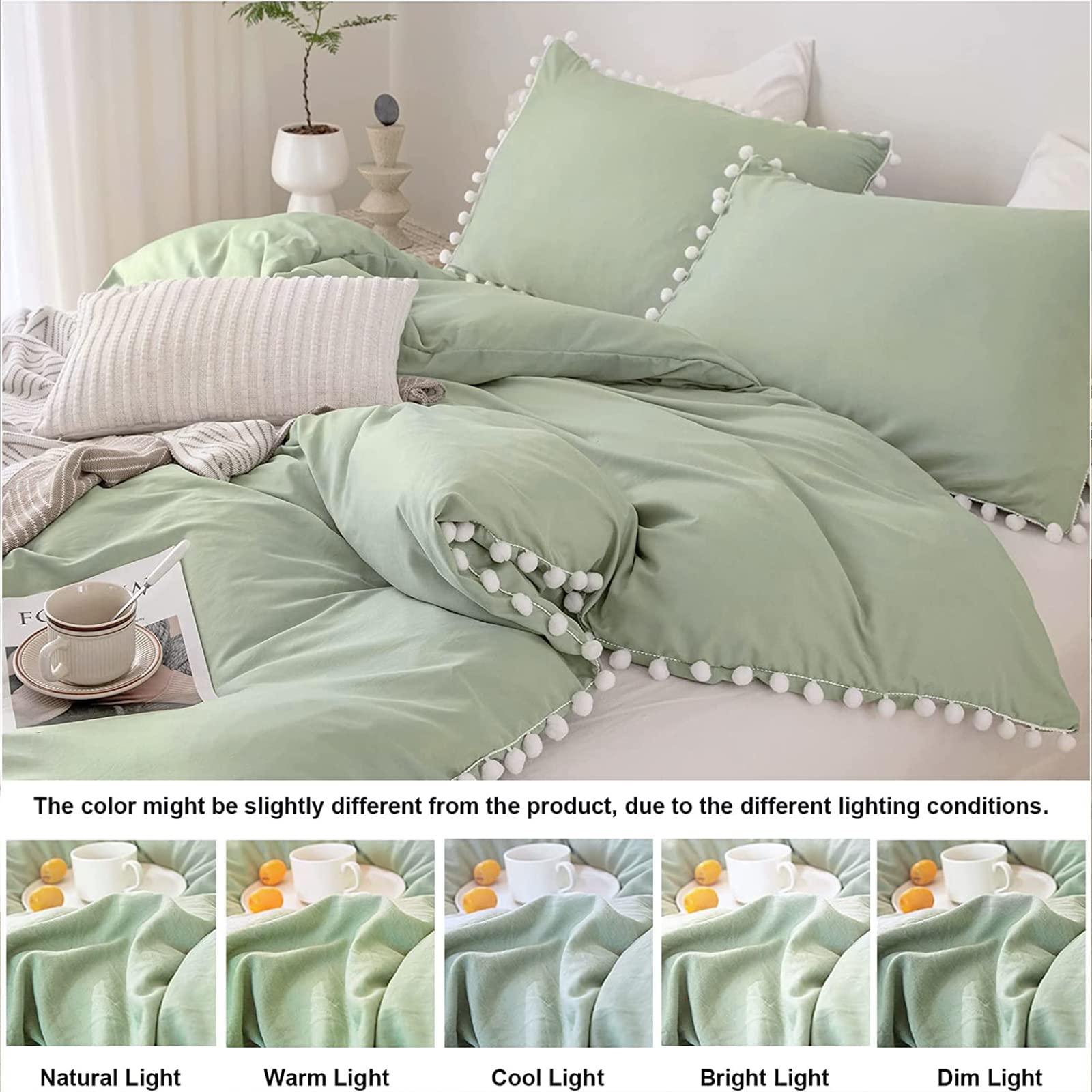 King Size Sage Green Pom Pom Comforter Set - 3 Piece Farmhouse Boho Bedding | 100% Washed Microfiber, Soft & Lightweight Fluffy Duvet Cover | Perfect for Master Bedroom, Guest Room & Cozy Farmhouse Decor