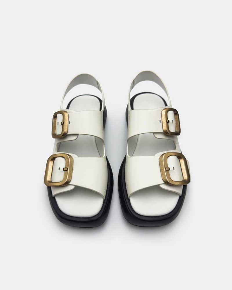 White Leather Platform Sandals with Buckles - Women's Fashion Chunky Heel Summer Shoes for Beach, Party & Casual Outfits