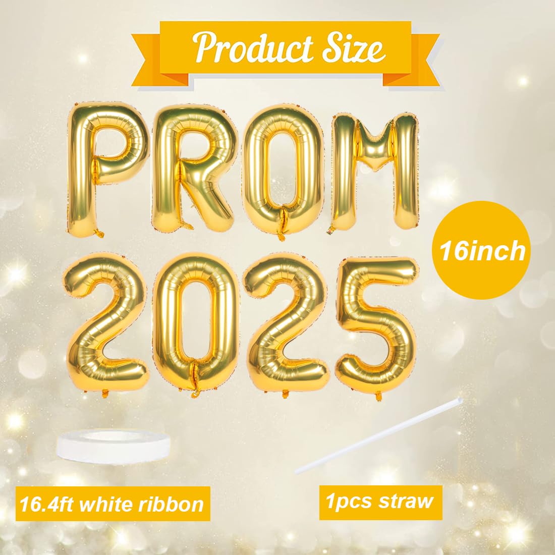 2025 Prom Gold Mylar Letter Balloons - 16 Inch Graduation Party Decorations for Class of 2025, Birthday, Retirement Celebrations | Perfect for Prom Night, Grad Party Backdrops & Photo Booth Props