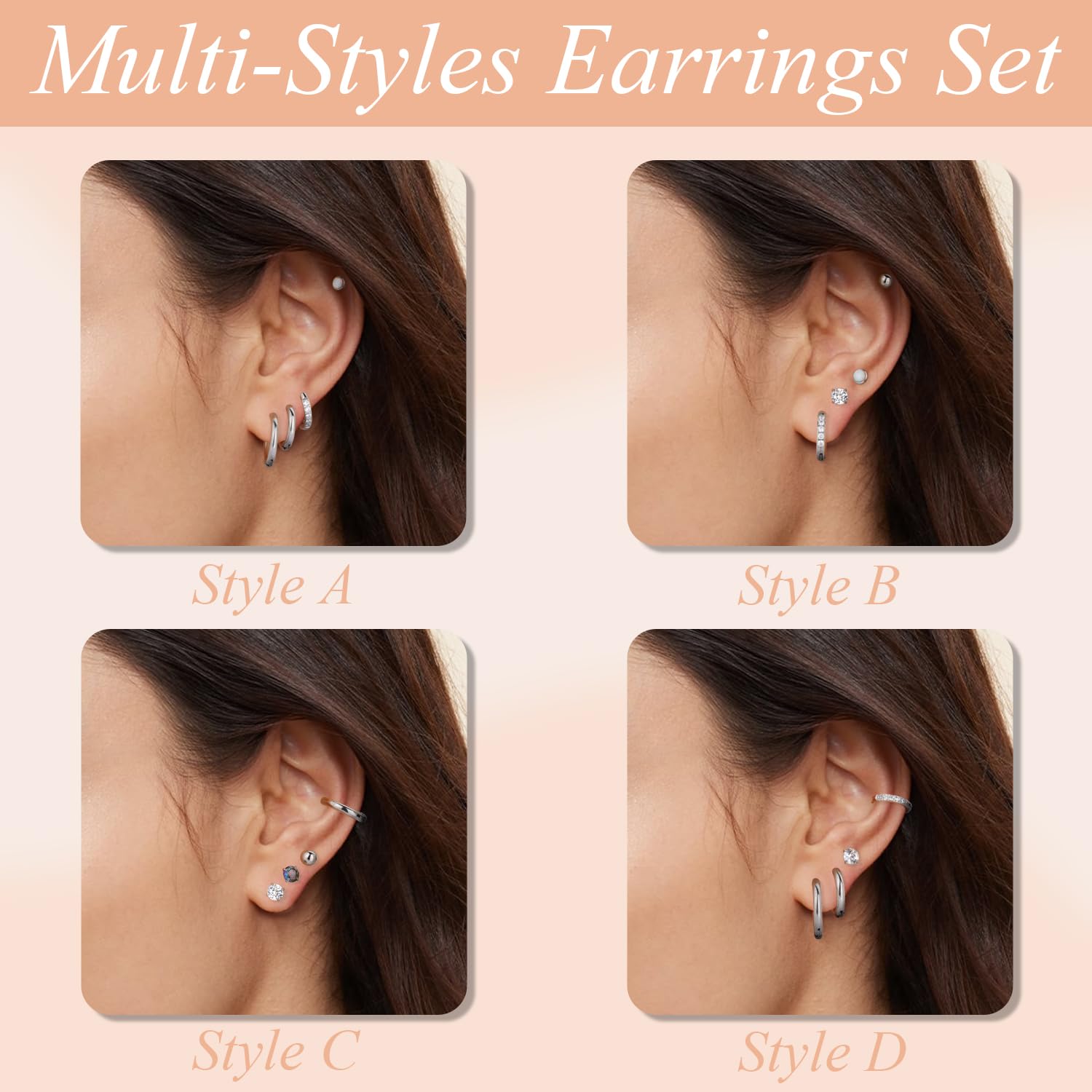Hypoallergenic Surgical Steel Flat Back Earrings Set for Sensitive Ears - Cartilage Huggie Hoop & CZ Opal Stud Earrings for Women & Men | Perfect for Multiple Piercings, Daily Wear & Gifts