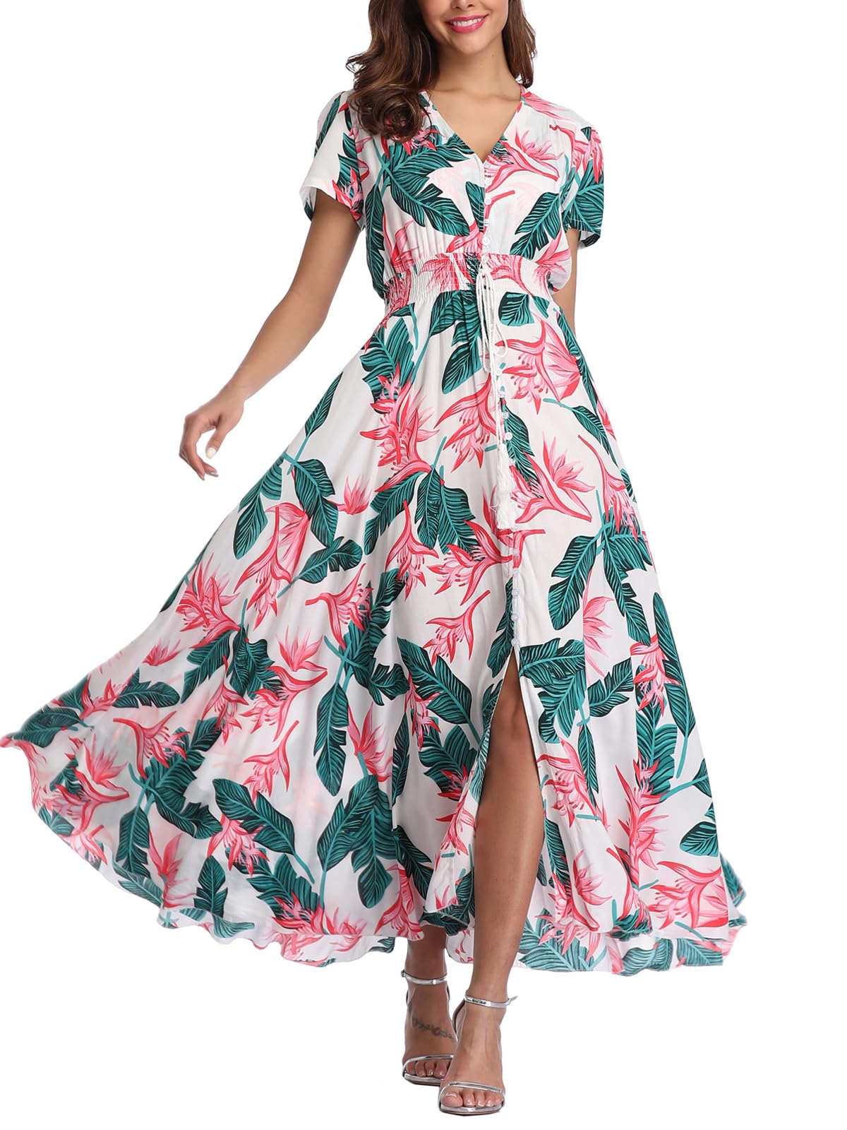 Boho Floral Maxi Dress for Women - Summer Button Up Beach Dress with Side Split & Flowy Design | Perfect for Beach Parties, Vacations & Casual Outings