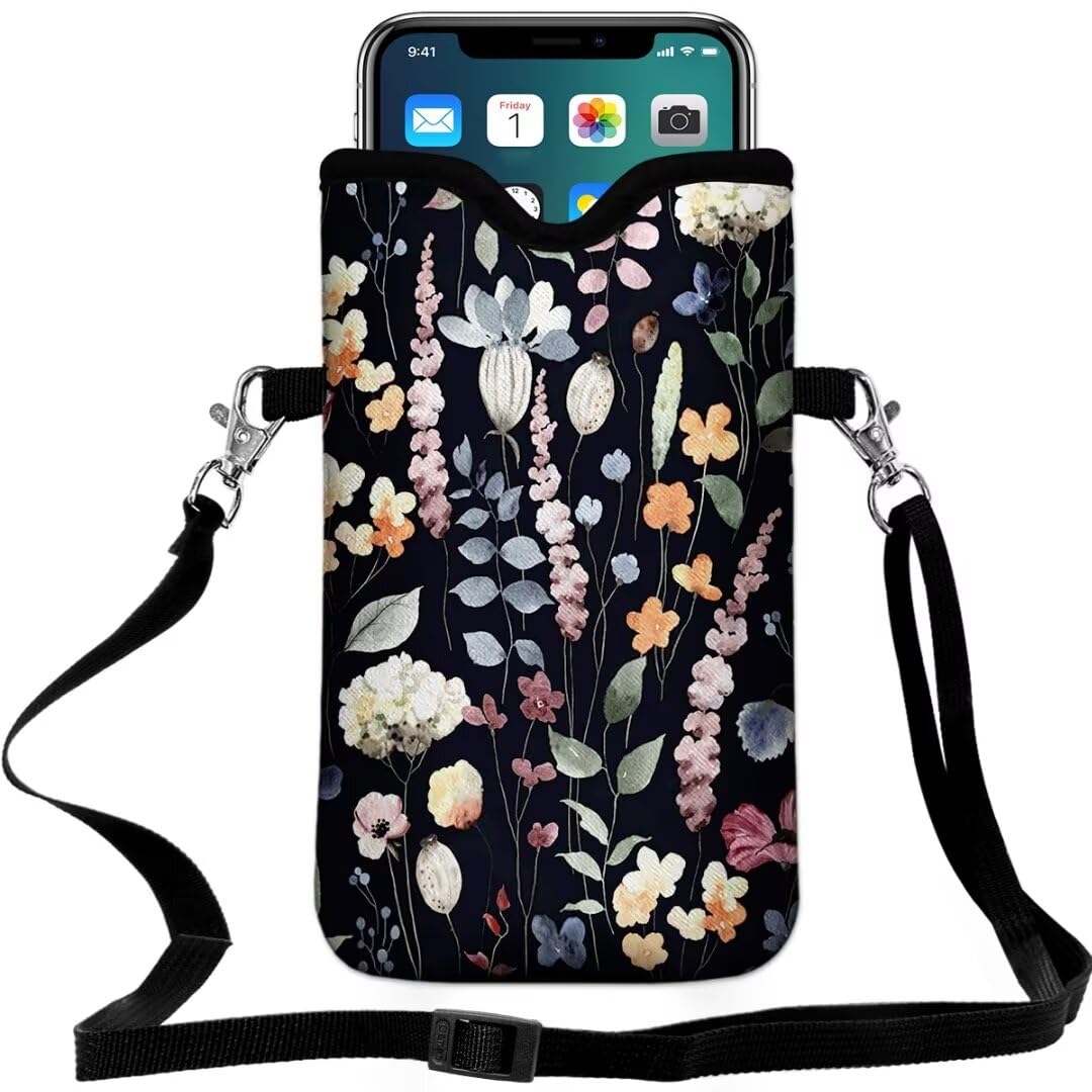 Neoprene Crossbody Phone Pouch with Lanyard - Compatible with iPhone 16/15/14/13/12 & Samsung S24/S23+/A35 - Stylish Floral Design for Women - Perfect for Travel, Gym, Shopping & Everyday Use