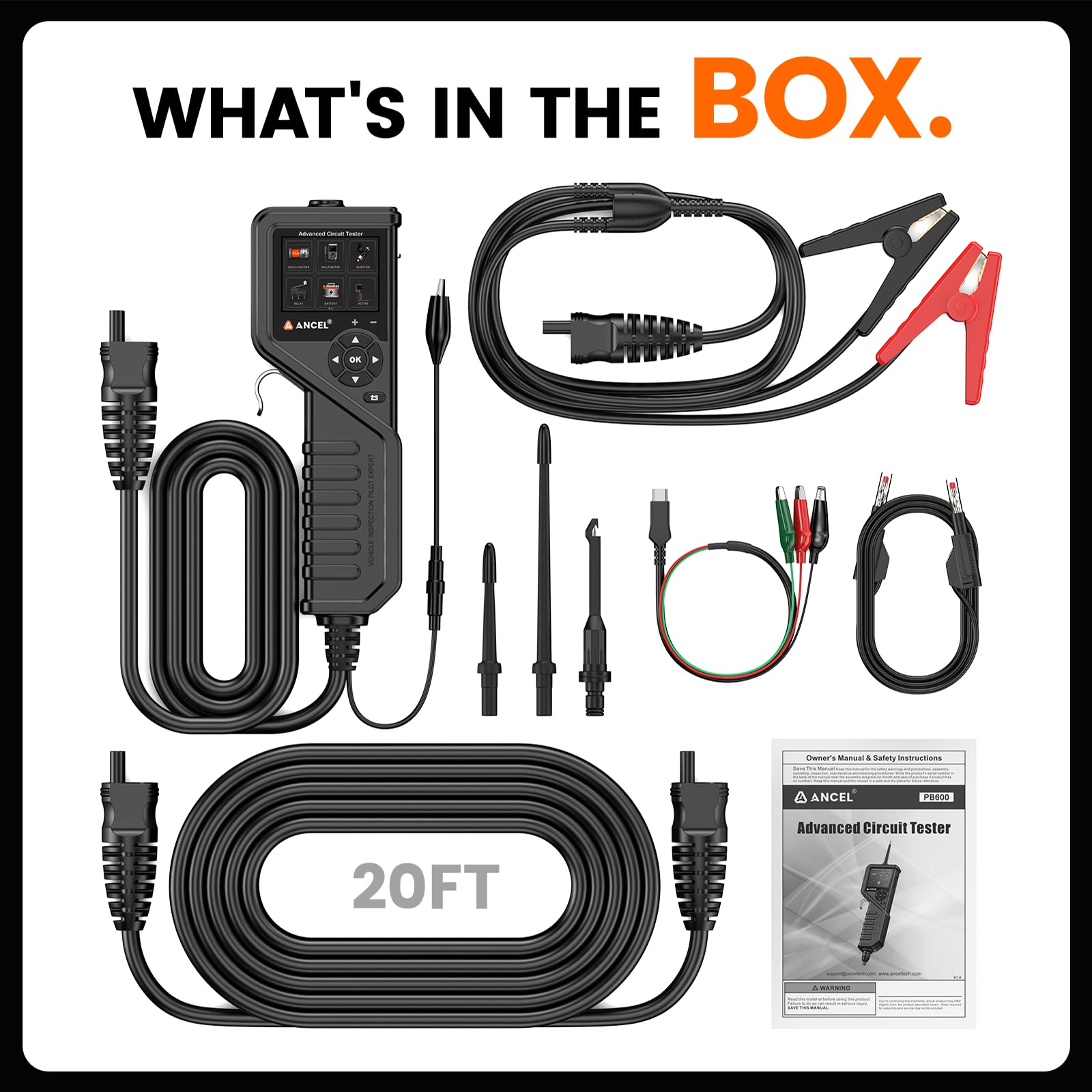 ANCEL PB600 Automotive Electrical Circuit Tester Kit - 8-35V Power Probe with Battery, Relay & Injector Test, 30FT Cable, Multimeter & Oscilloscope Functions | Perfect for Car Diagnostics, Truck Repair & DIY Electrical Testing