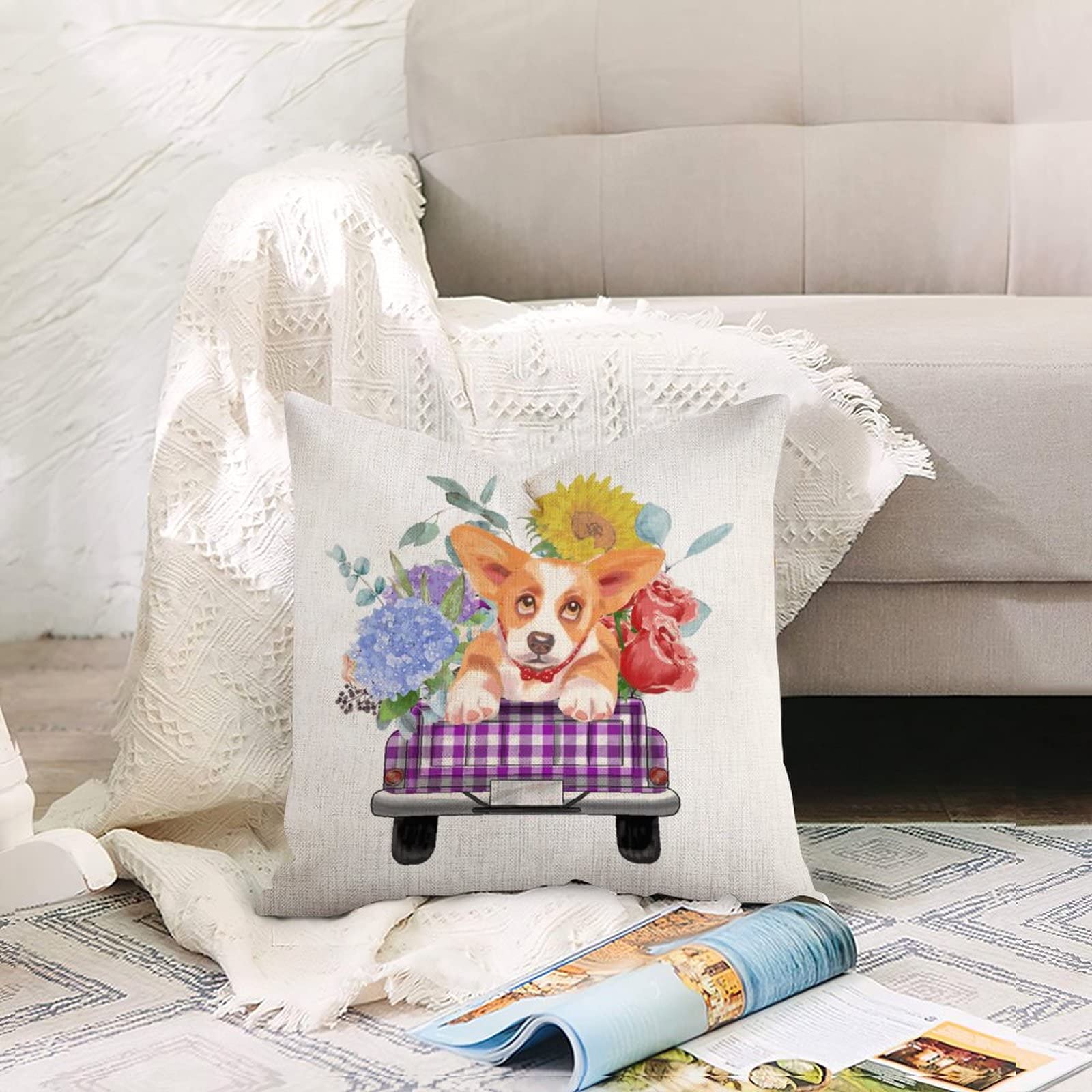 Floral Truck and Dog Square Cotton Linen Cushion Covers - Durable Zippered Throw Pillowcases for Sofa, Bedroom, Living Room & Car - Home Decor & Cozy Indoor Comfort