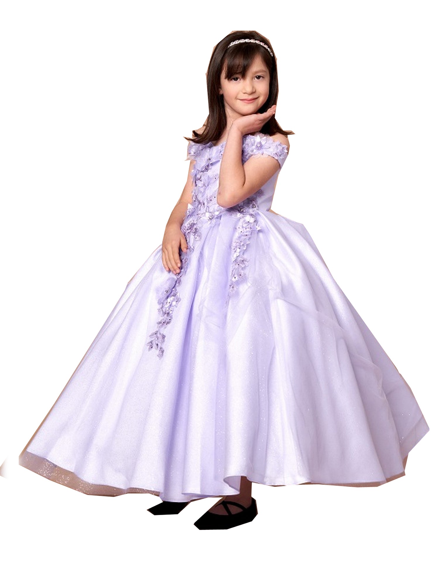 Big Girls Lilac 3D Flower Organza Lace Off Shoulder Pageant Dress for Pageants, Prom, Weddings - Sizes 8-16 | Elegant Formal Gown for Special Occasions