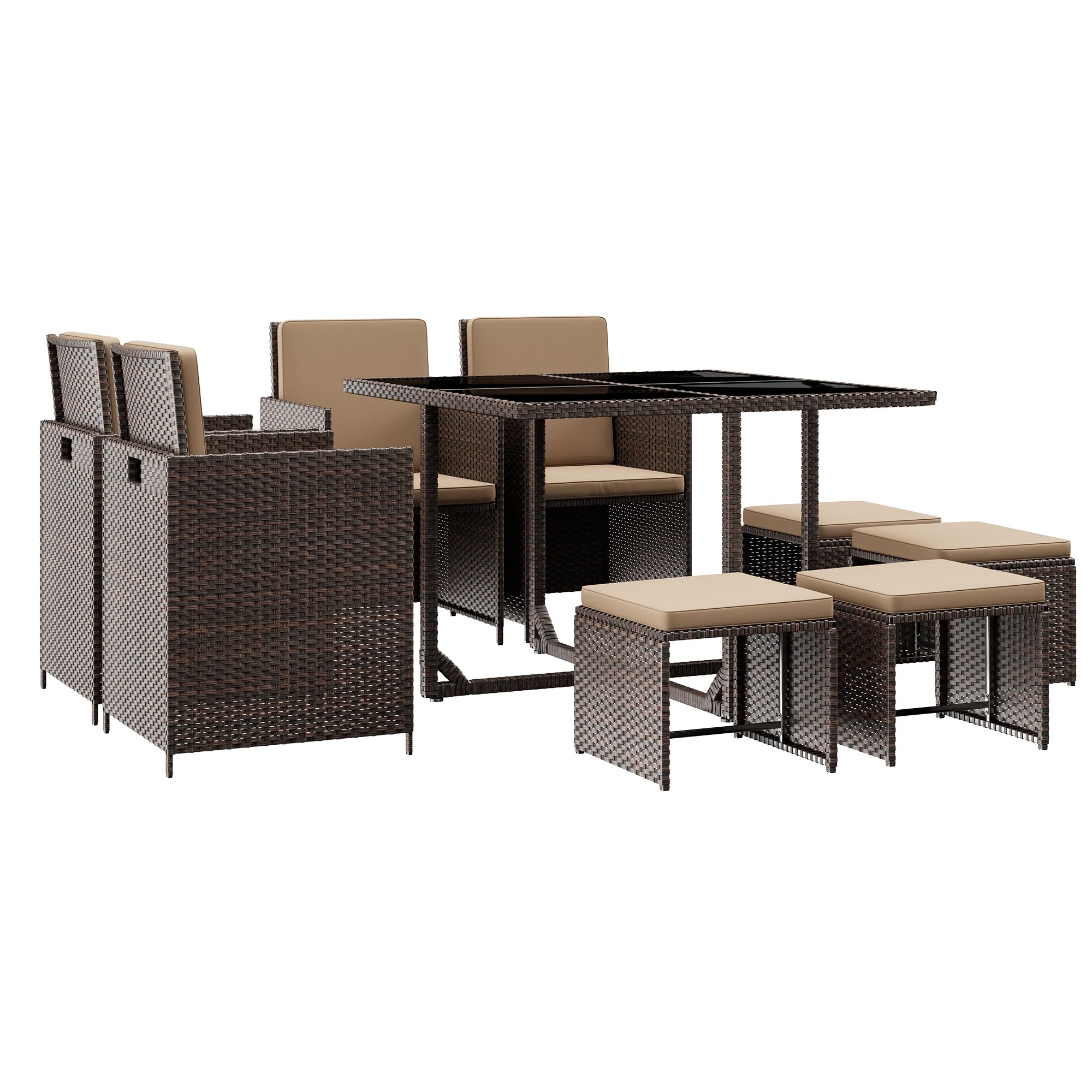 9-Piece Patio Dining Set with Wicker Chairs, Glass Table & Ottomans - Space-Saving Outdoor Conversation Set with Cushioned Seating (Beige) - Perfect for Backyard, Garden, Poolside & Patio Relaxation