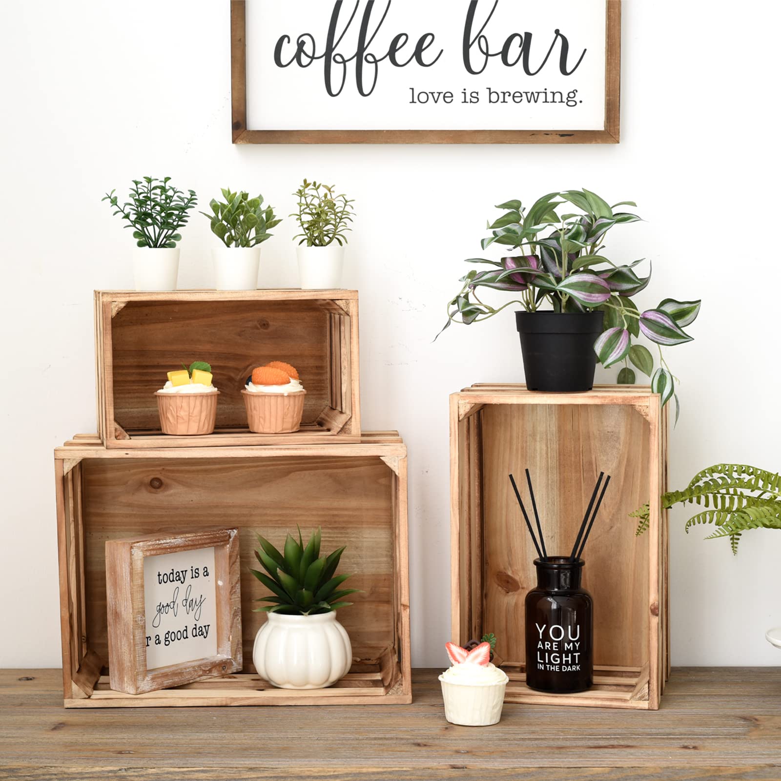 Set of 3 Vintage Rustic Natural Wood Nesting Storage Crates with Handles - Farmhouse Decorative Wooden Boxes for Home Organization, Shelf Display & Rustic Decor - Perfect for Living Room, Bedroom or Kitchen Storage