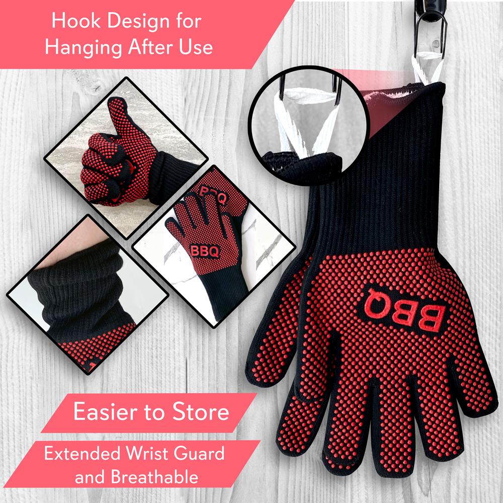 Heat Resistant BBQ Grill Gloves - Heavy Duty Oven Mitts for Grilling, Smoking & Cooking - Extra Long Protection for Hands & Forearms - Perfect for Outdoor BBQ, Camping & Kitchen Use