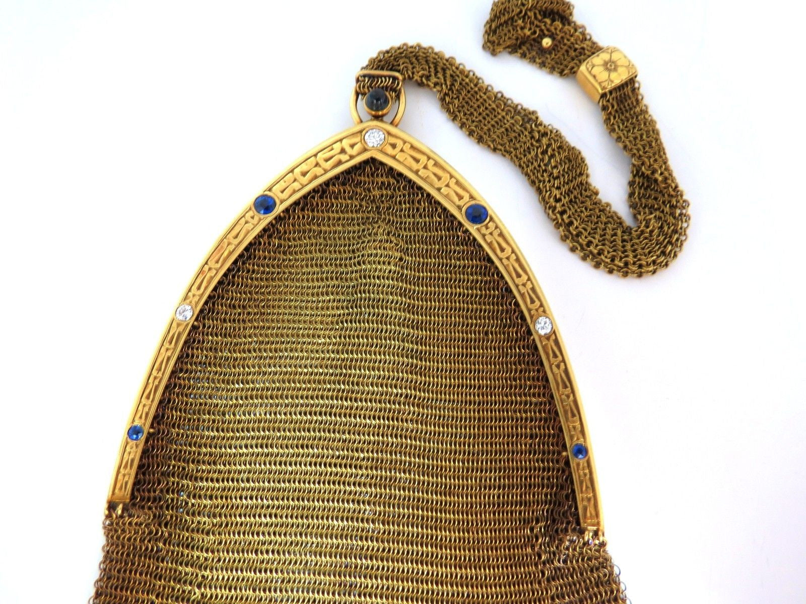 14K Gold Vintage Ladies Purse with 1.00ct Sapphire & Diamonds - Flexible Mesh Strap Handle - Elegant Evening Bag for Parties, Weddings & Special Occasions