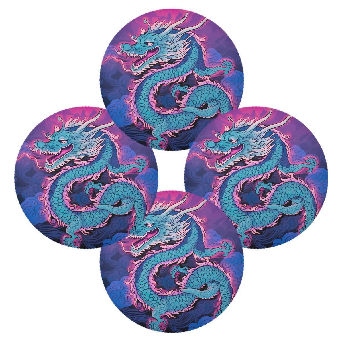 Premium Round Washable Placemats Set of 4 - Chinese Dragon Design Polyester Table Mats for Dining & Kitchen Decor | Perfect for Holiday Dinners, Family Gatherings & Restaurant Use