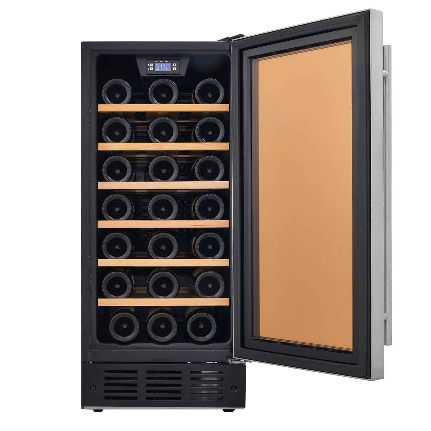 15 Inch Built-In Under Counter Wine Cooler - 33 Bottle Capacity, Stainless Steel & Black Glass Door Wine Fridge for Home Bar - Quiet Operation with LED Lighting - Perfect for Kitchen, Basement, or Entertainment Room Storage