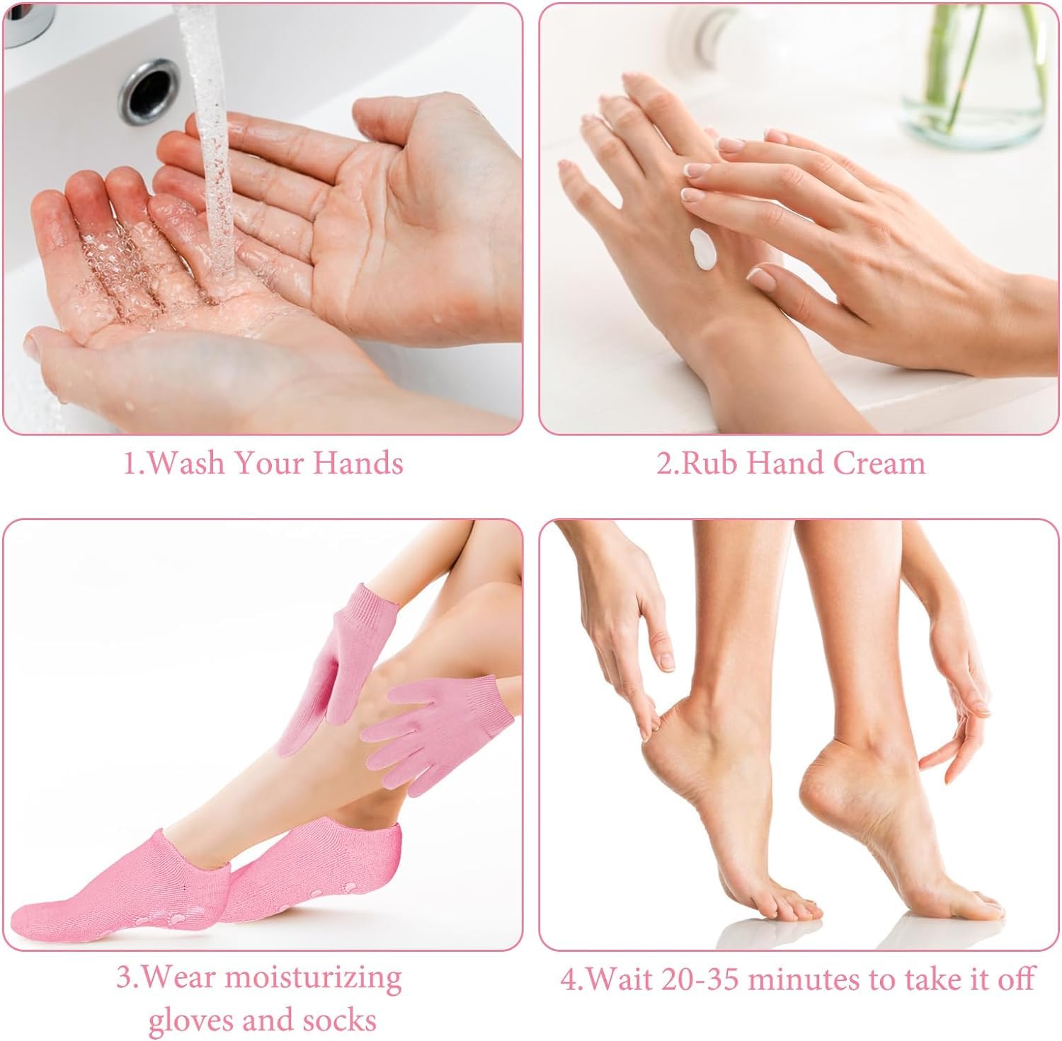 Style Keepers 4Pcs Moisturizing Gloves and Socks Set - Gel Spa Therapy for Dry, Cracked Hands & Feet - Soften & Repair Rough Skin - Pink Hand & Foot Care Kit - Perfect for Night Treatment, Winter Care & Home Spa Relaxation
