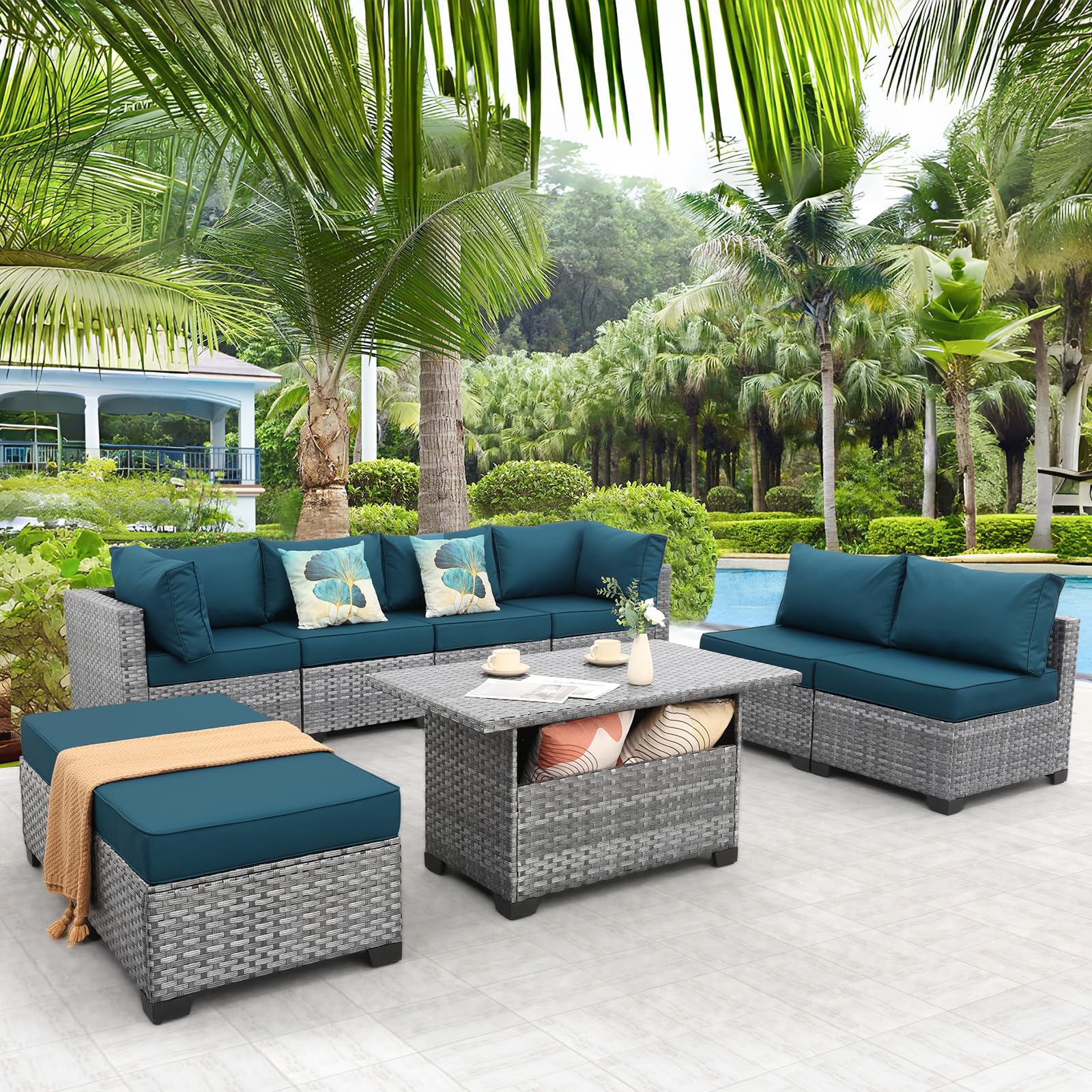 Premium 9-Piece Gray Rattan Outdoor Patio Sectional Set with PE Wicker, Storage Table & Peacock Blue Cushions - Includes Free Furniture Cover - Perfect for Backyard, Poolside & Garden Relaxation