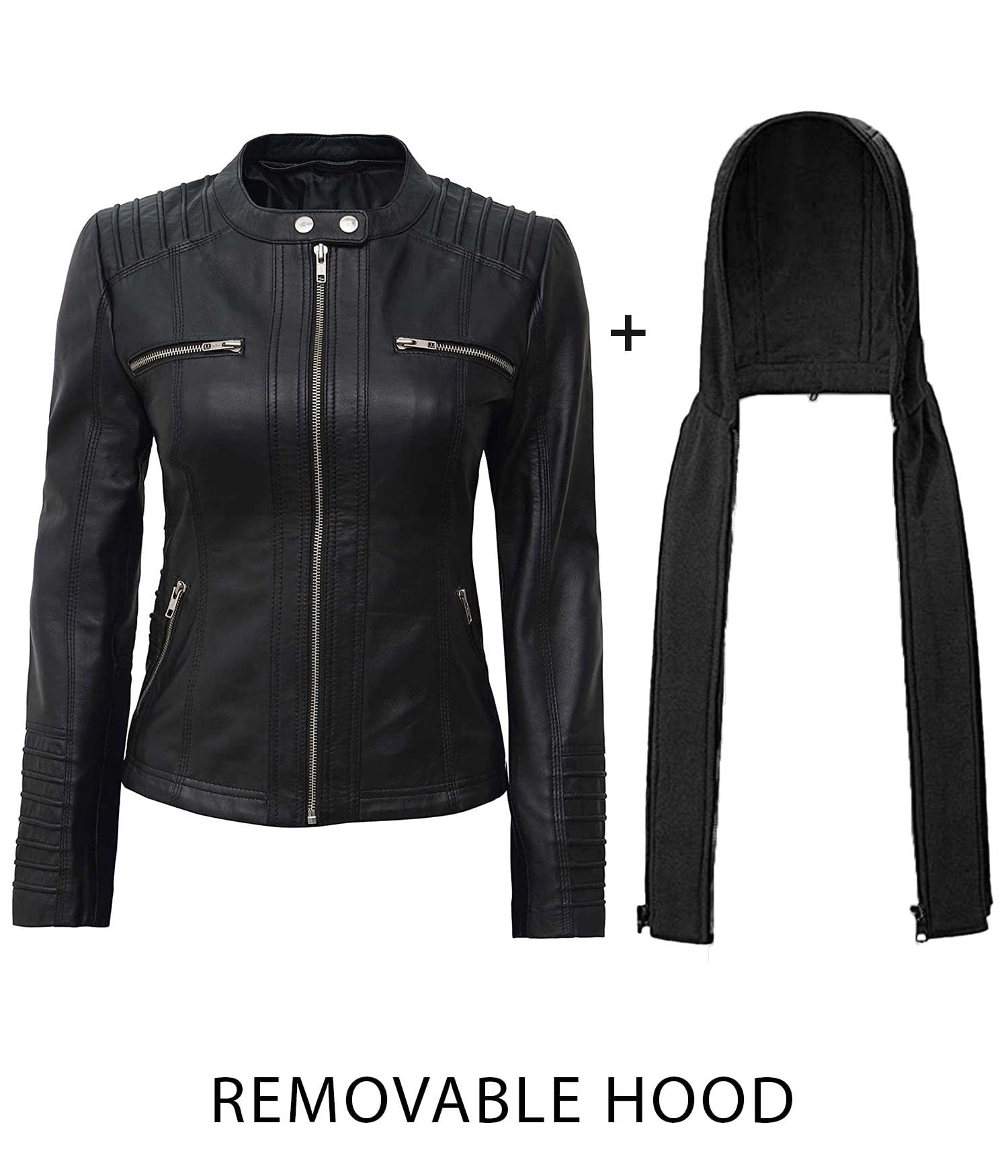 Genuine Lambskin Bomber Jacket for Women - Real Leather Jacket with Removable Hood | Stylish Outerwear for Casual Wear, Night Out & Fall Fashion