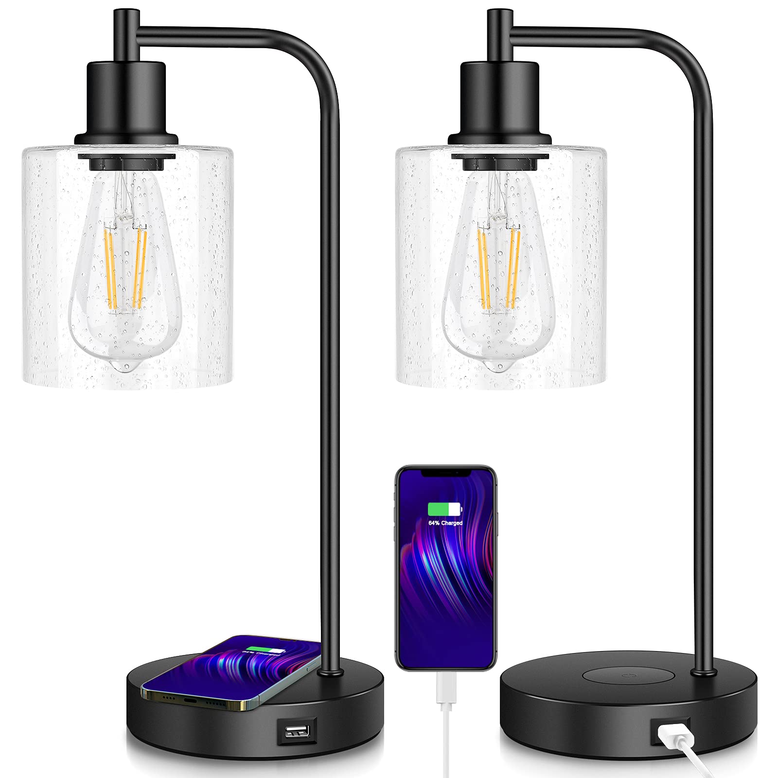 2-Pack Wireless Charging Industrial Table Lamp - 3-Way Touch Control, Dimmable Desk Lamp with USB Port & Hanging Seeded Glass Shade for Office, Bedroom, Living Room (Bulb Included) | Perfect for Workspaces, Nightstands & Modern Home Decor