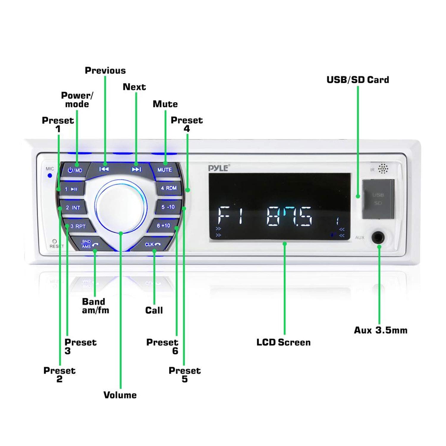 Pyle PLRMR23BTW White Bluetooth Marine Stereo Receiver - 12V Single DIN Boat Radio with Digital LCD, USB, SD, MP3, AM/FM, RCA Inputs & Remote Control - Perfect for Boats, Yachts & Marine Audio Systems