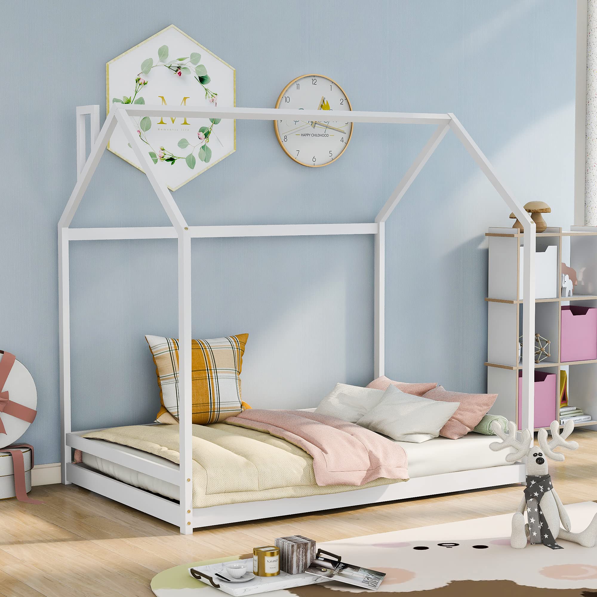 Solid Wood House Floor Bed with Roof - Full Size Playhouse Bed Frame for Kids, Teens, Boys & Girls - Durable White Children's Bed for Bedroom, Playroom or Nursery Decor