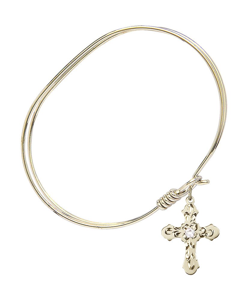 7 Inch Oval Eye Hook Bangle Bracelet with Cross Medal Charm & April Crystal - Elegant Jewelry for Women, Perfect for Parties, Weddings, and Everyday Wear