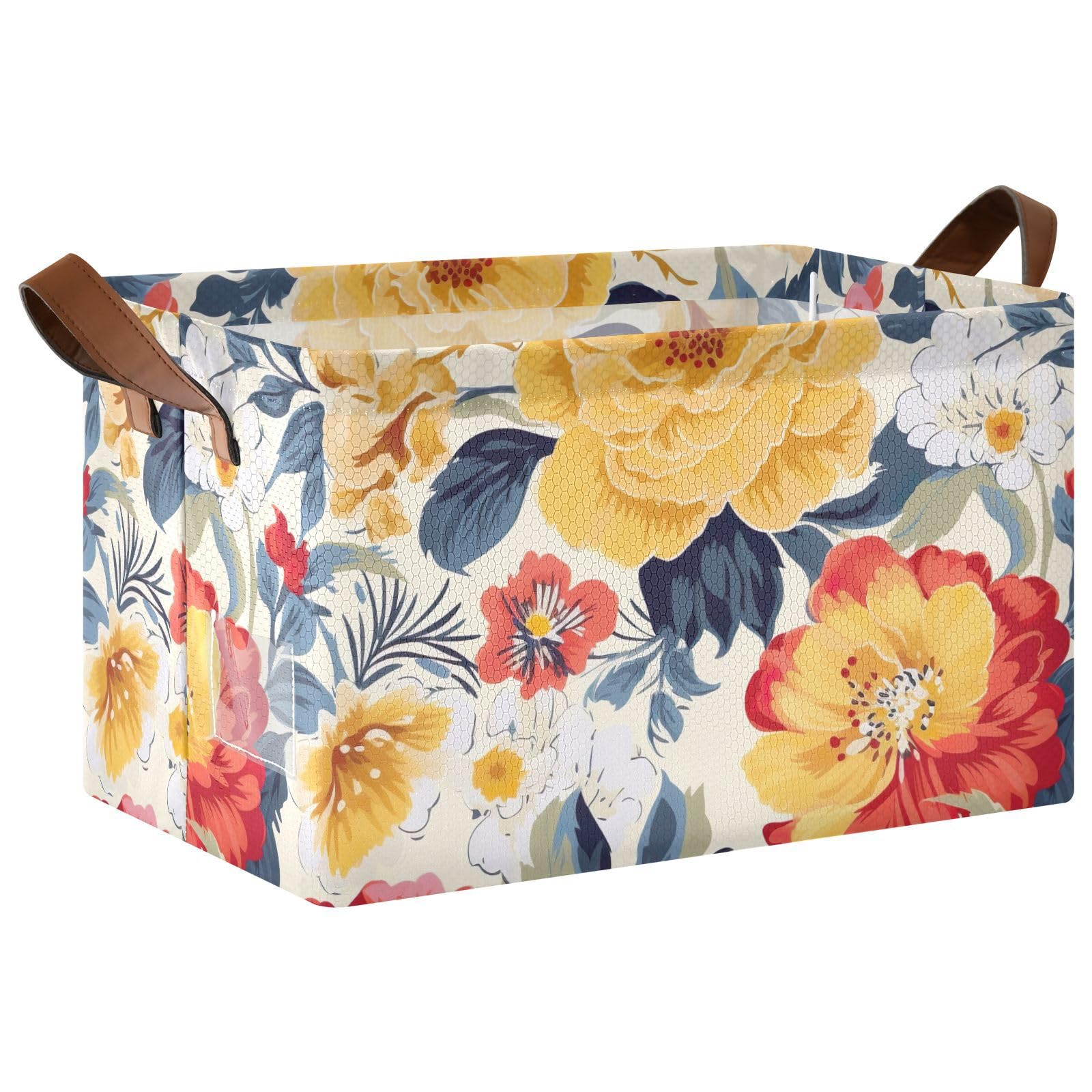 Emelivor Classic Red Floral Foldable Storage Bins with Handles - Rectangular Organizing Baskets for Shelves, Nursery, Closet & Home Decor | Perfect for Bedroom, Bathroom & Office Organization