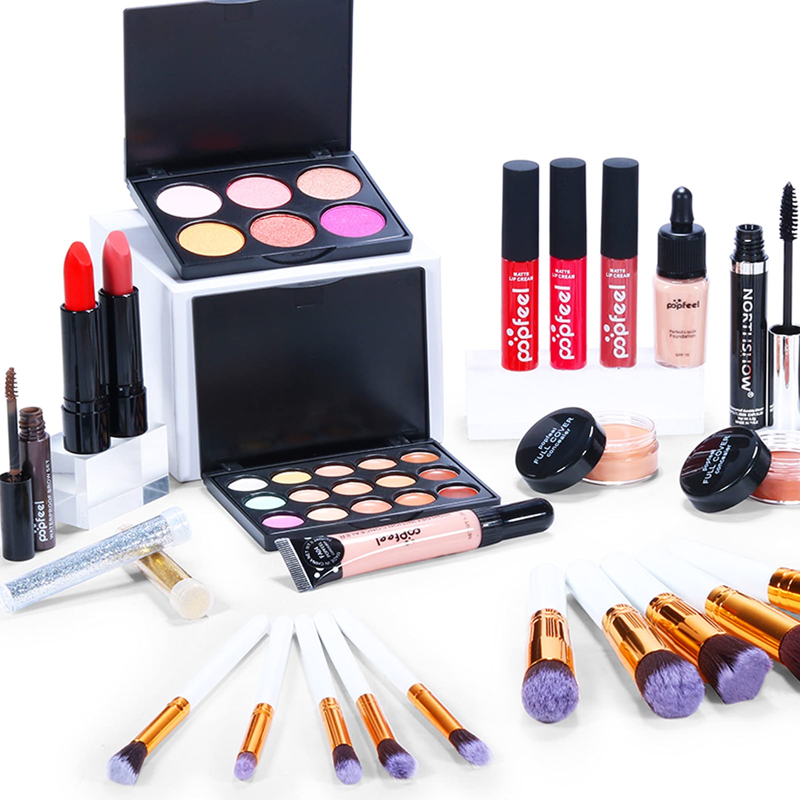 All in One Makeup Kit for Women - Complete Cosmetic Starter Set with Makeup Brushes, Eyeshadow Palette, Lip Gloss, Eyebrow Pencil & Mascara - Perfect for Travel, Daily Makeup & Professional Beauty Use (KIT007)