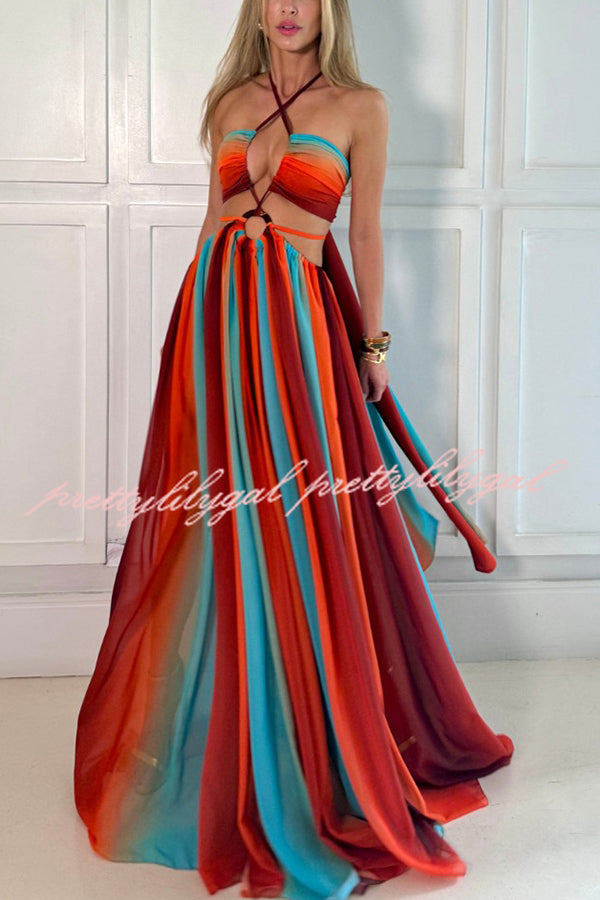 Elegant Printed Tulle Maxi Dress with Ring Hollow Design & High Slit - Perfect for Beach Vacations, Summer Parties & Evening Events