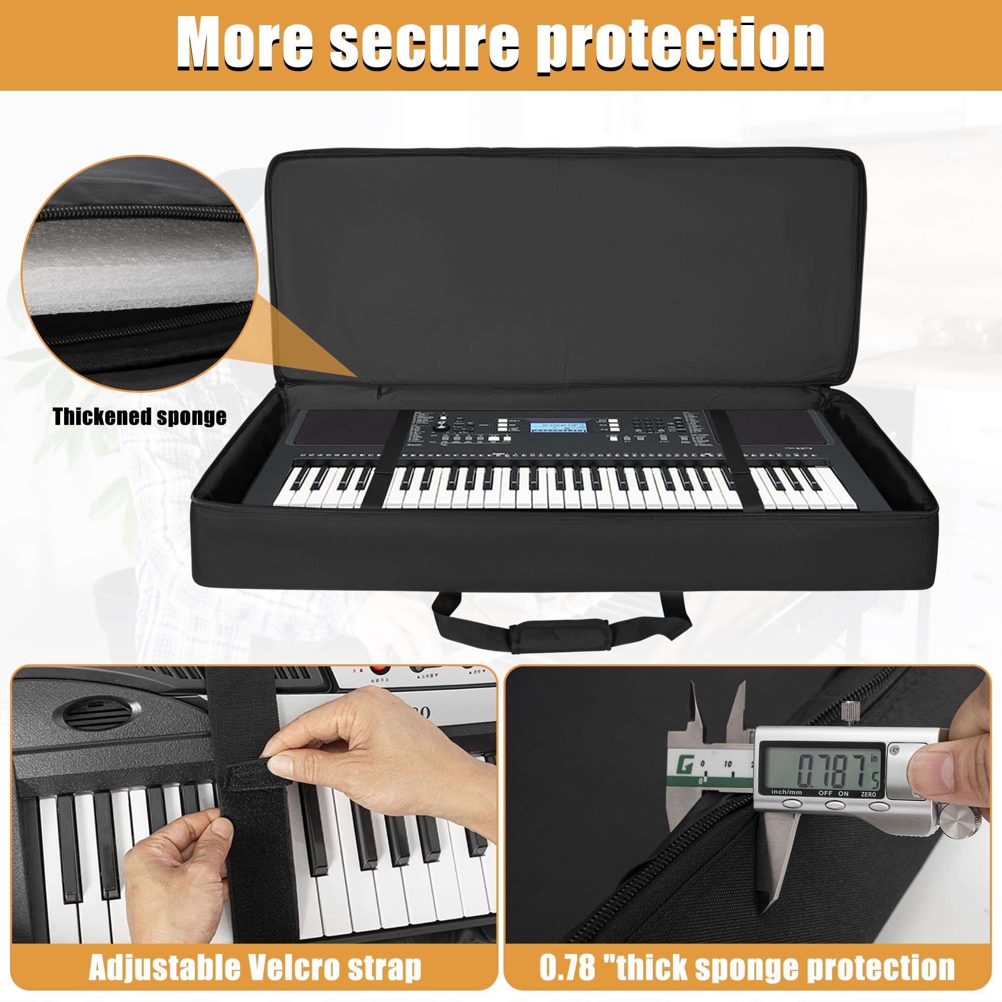 Shockproof 61-Key Keyboard Case - 8mm Padded Protection with Adjustable Straps & 4 Storage Pockets - Fits Standard Electric Pianos (40.6
