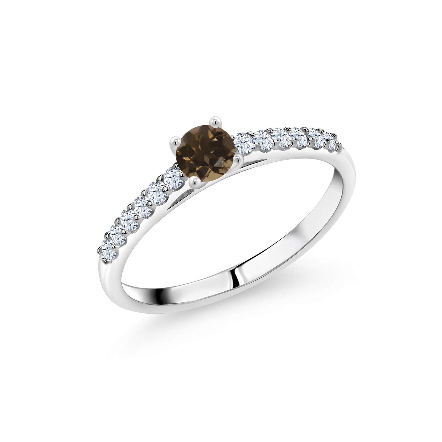 0.44 Ct Round Brown Smoky Quartz & White Created Sapphire 10K White Gold Ring for Women - Elegant Wedding, Engagement, Anniversary Jewelry Gift