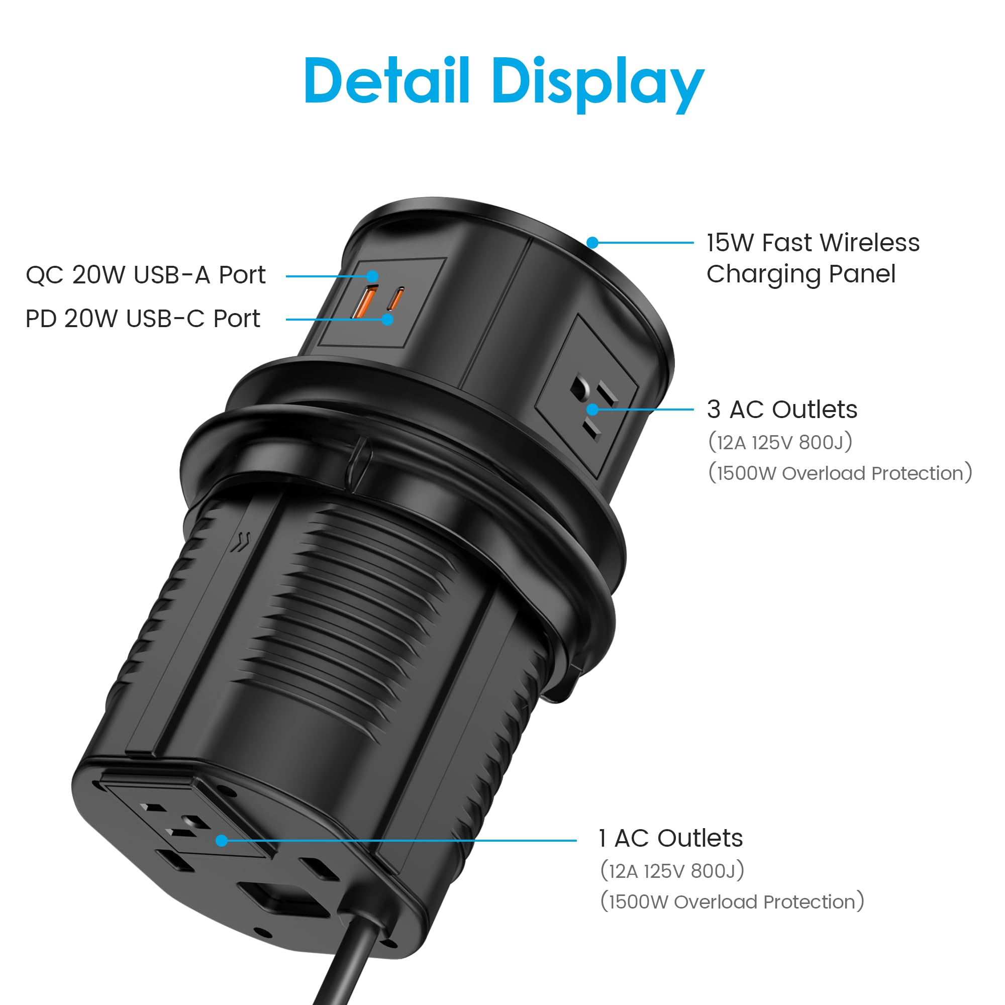 15W Wireless Charger Pop Up Outlet with 4 AC Outlets & 20W PD USB Fast Charging - 4.75