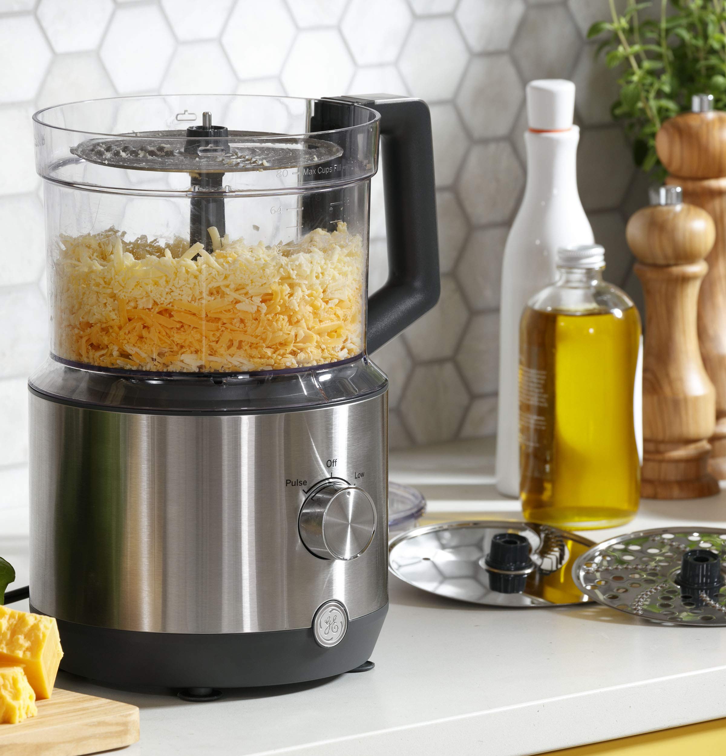 GE 12-Cup Food Processor with 3 Feeding Tubes & Stainless Steel Accessories - 3 Discs + Dough Blade | 550W 3-Speed Electric Kitchen Appliance | Perfect for Shredding Cheese, Chopping Vegetables, Kneading Dough | Ideal for Meal Prep, Baking & Cooking | Durable & Powerful Kitchen Essential