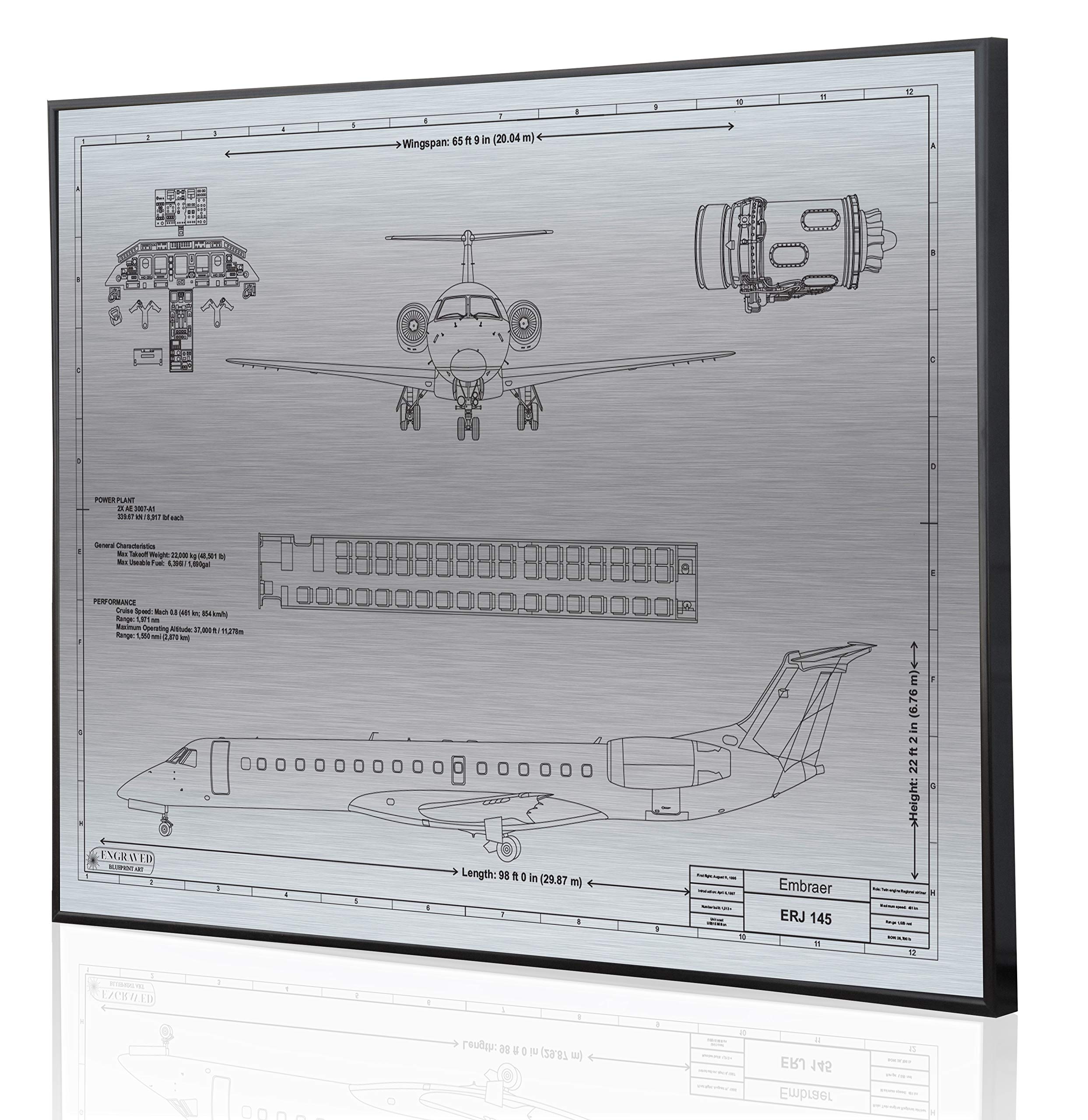 Embraer Regional Jet 145 Blueprint Artwork - Laser Engraved Personalized Aviation Gift for Pilots & Aviation Enthusiasts - Perfect for Home, Office Decor & Pilot Appreciation Gifts