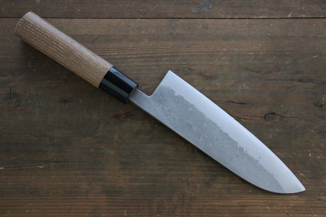 Premium Seisuke Blue Steel No.2 Nashiji Santoku Knife 165mm - Japanese Chef Knife with Chestnut Wood Handle - Perfect for Slicing, Dicing & Chopping Vegetables, Meat & Fish