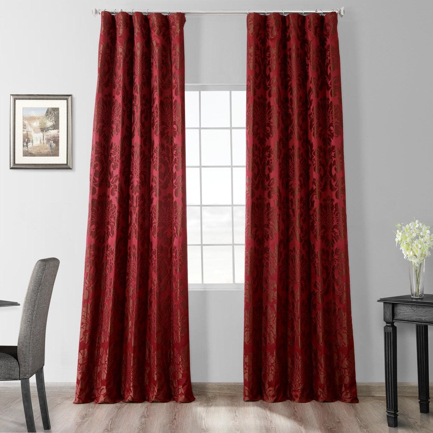 Astoria Red & Bronze Damask Faux Silk Jacquard Blackout Curtains - Elegant Window Treatment for Bedroom & Living Room