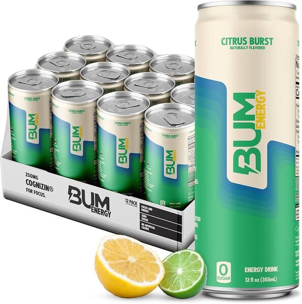 Sugar-Free Bum Energy Drinks - 12 Pack (355ml Each) | Low-Calorie Caffeine Boost for Workouts, Gaming & All-Nighters