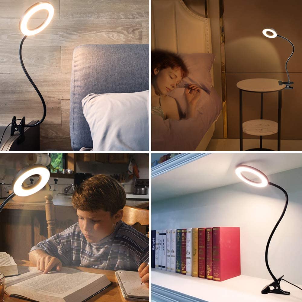 Depuley Dimmable Clip On Reading Light - 48 LED USB Bedside Lamp with 3 Color Modes & 15 Brightness Levels, Flexible Clamp Book Light for Makeup Mirror, Desk, Headboard, Piano, Computer - Perfect for Night Reading, Studying, and Crafting