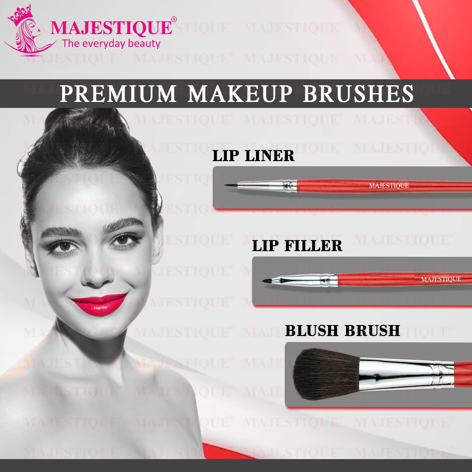Premium Synthetic Makeup Brush Set - 3 Pcs Lip Liner, Lip Filler & Blush Brush Kit for Women | Professional Beauty Tools for Flawless Lipstick & Blush Application | Perfect for Makeup Artists & Daily Beauty Routine (Red)