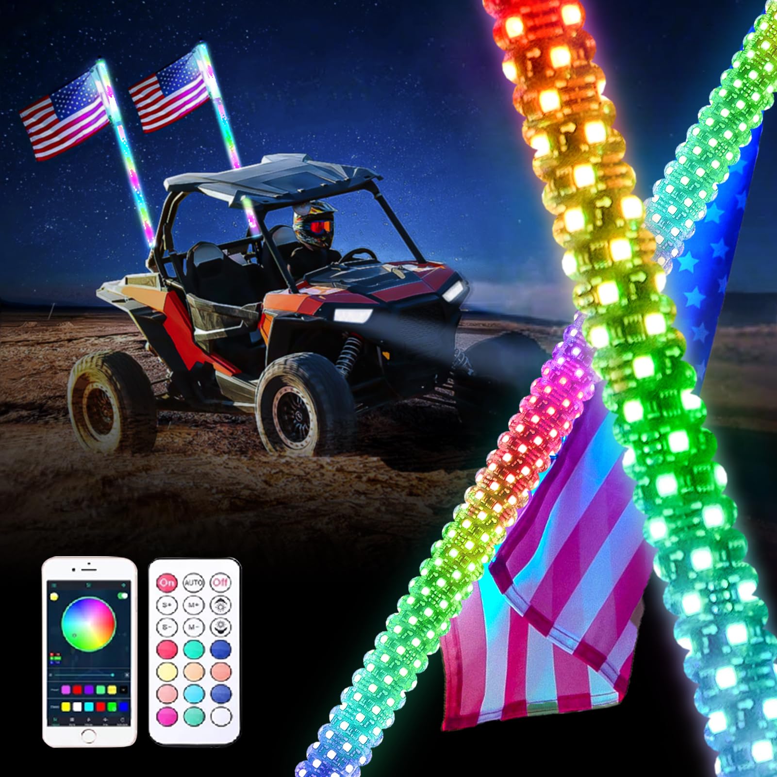 2PCS 4FT LED Whip Lights with App & Remote Control - RGB Color Changing, Music Sync, Turn Signal for UTV/ATV/RZR/SXS/Offroad Trucks - Perfect for Night Riding, Off-Road Adventures & Trail Parties