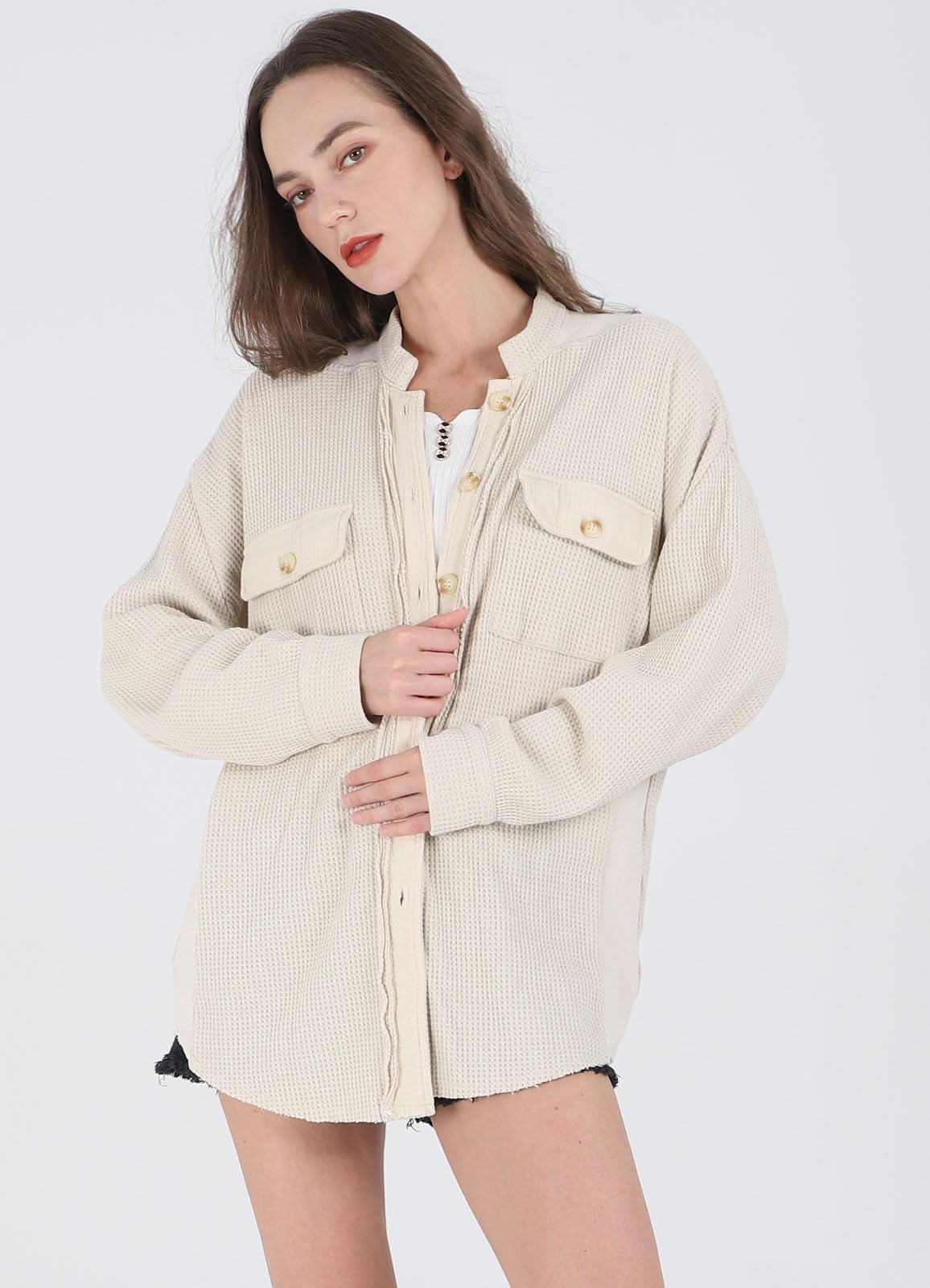Loveimgs Women's Oversized Waffle Knit Corduroy Shacket - Long Sleeve Button Down Shirt Jacket for Fall | Casual Outfit, Layering Piece & Cozy Outerwear