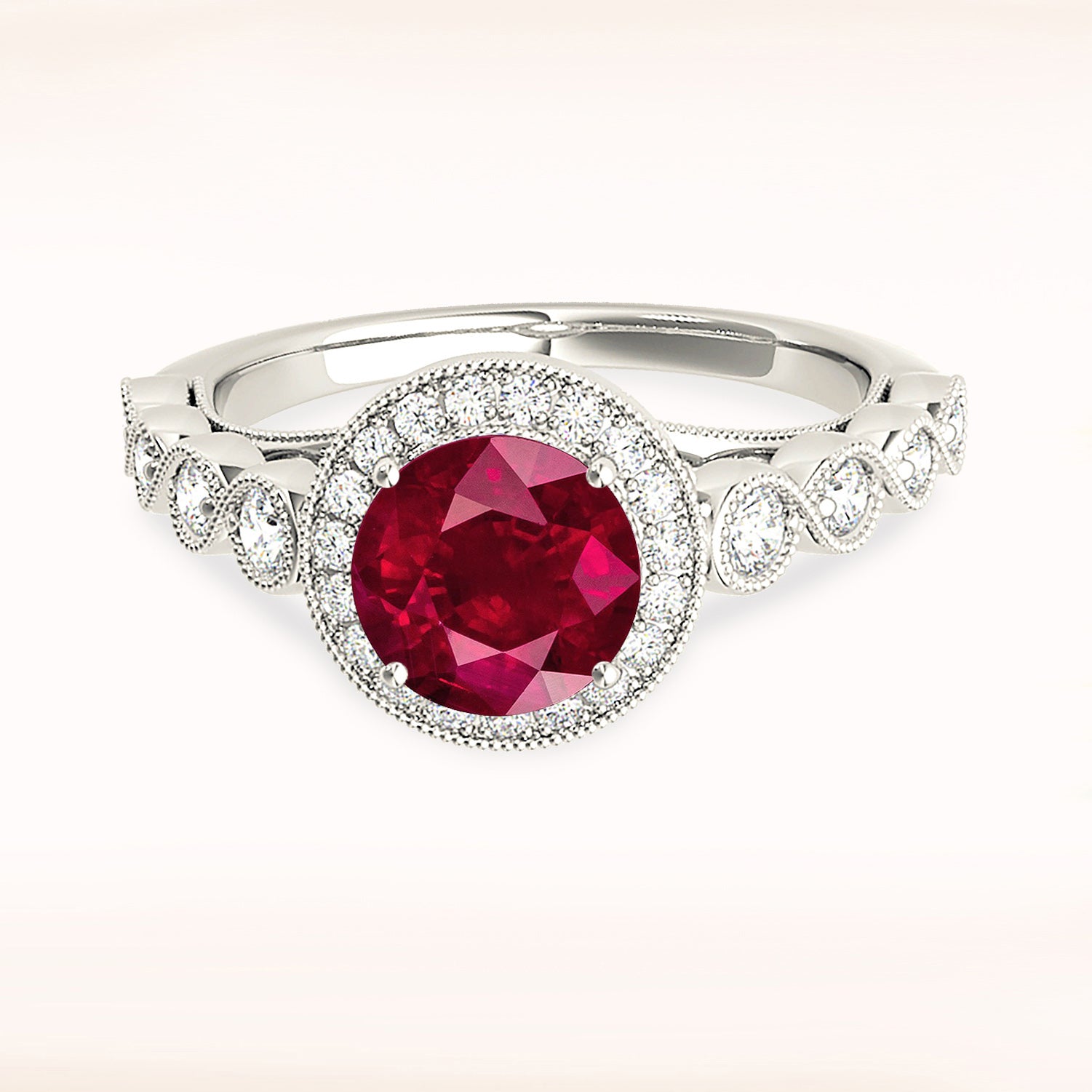 1.35 Carat Genuine Ruby Halo Ring with Swirly Milgrain Diamond Band - Elegant Engagement, Wedding, Anniversary Gift for Women