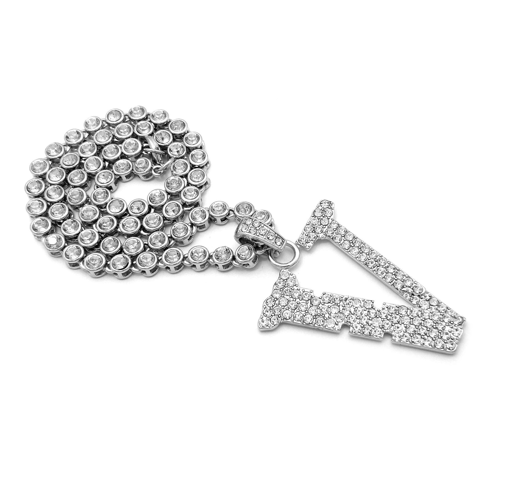 NYFASHION101 5mm Iced Out Tennis Chain Necklace with Stone Stud Capital V Initial Pendant - Elegant Layering Jewelry for Women, Perfect for Parties, Date Nights & Everyday Wear