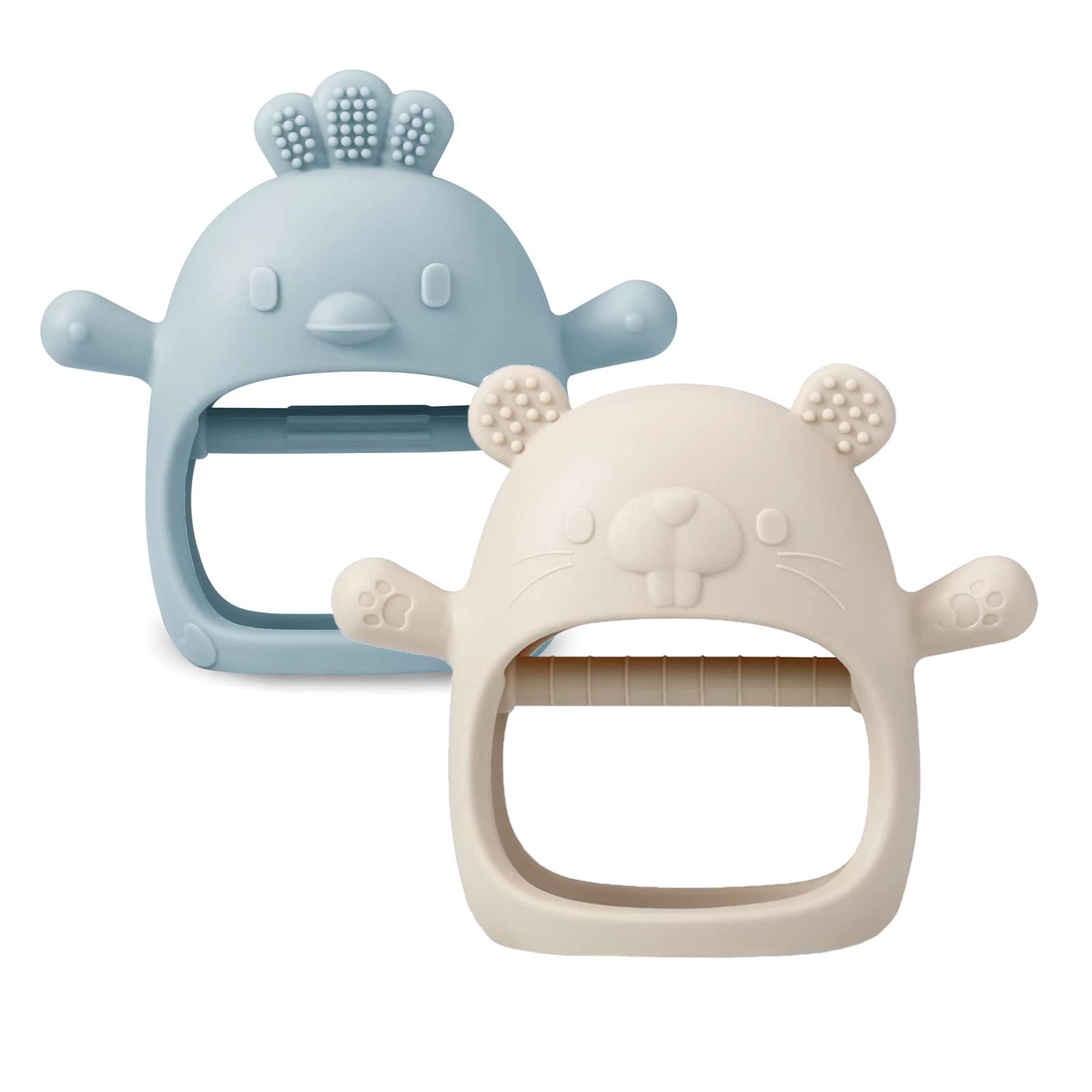 PandaEar 2 Pack Silicone Baby Teething Toys - Soft Chewable Mitten Teethers for Infants & Toddlers | BPA-Free Soothing Hand Pacifier for Teething Pain Relief (White/Blue) | Perfect for On-the-Go, Daycare & Home Use