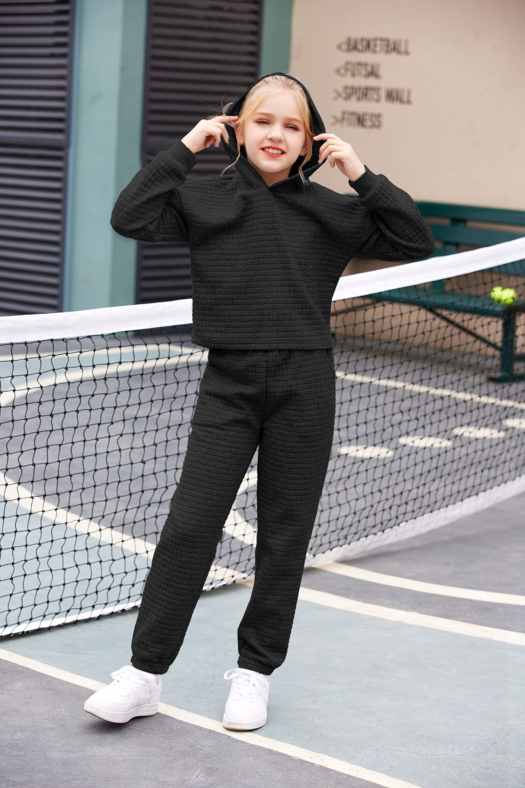 Arshiner Girls 2-Piece Waffle Knit Hoodie and Sweatpants Set - Long Sleeve Pullover Tracksuit Outfit for Kids - Perfect for School, Playdates & Casual Wear