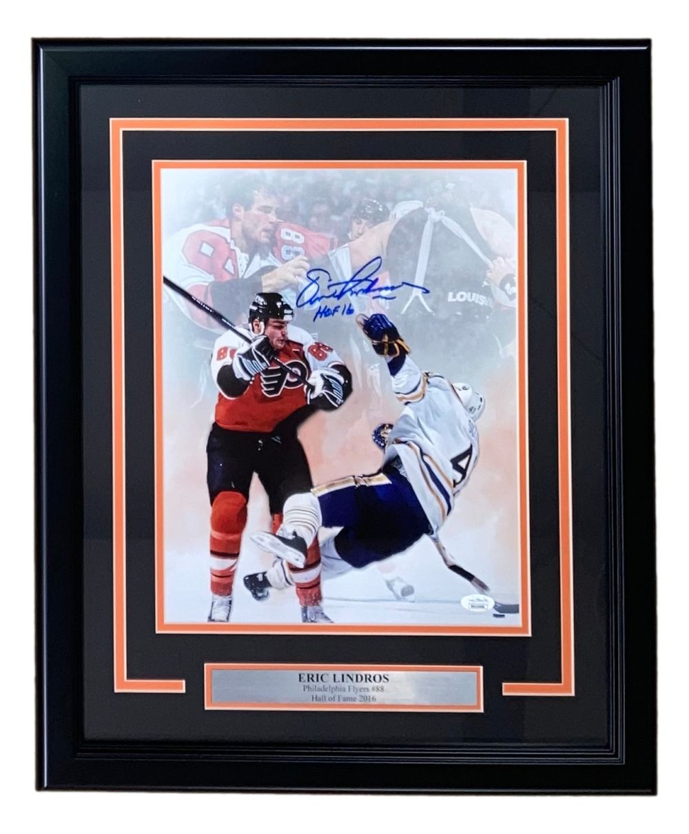 Eric Lindros Autographed 11x14 Framed Philadelphia Flyers Memorabilia with JSA COA - Hockey Hall of Fame Collectible for Sports Fans & Man Cave Decor