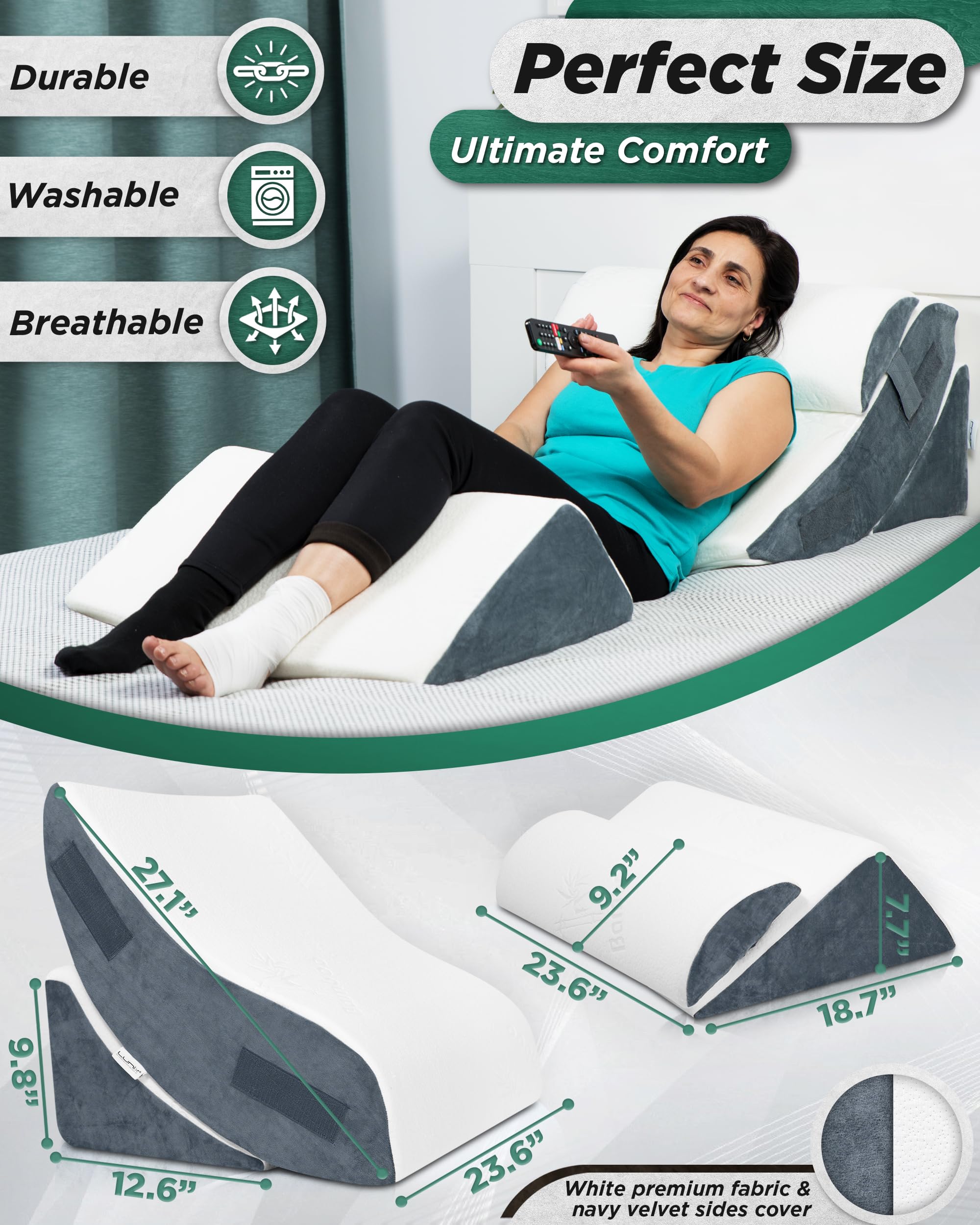4pcs Orthopedic Bed Wedge Pillow Set - Post Surgery Memory Foam Support for Back, Knee & Leg Pain Relief - Adjustable Sitting Pillow for Sleeping, Acid Reflux & GERD - Includes Hot/Cold Pack - Navy Blue - Perfect for Kids, Adults & Seniors (Home Use, Hospital Recovery, Pregnancy Support)