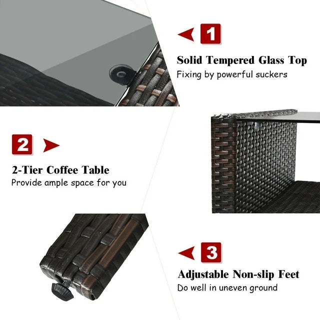 Costway 4-Piece Rattan Patio Furniture Set with Glass Coffee Table for Outdoor Garden, Backyard, Poolside & Balcony Use