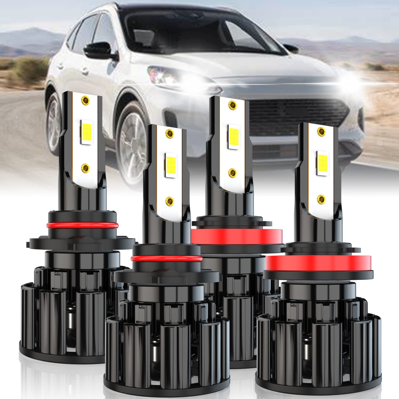9005 H11 LED Headlight Bulbs Kit - Compatible with Ford Escape 2013-2020 | 60W 10000LM 6000K White Super Bright CSP LED Bulbs | Plug and Play | Pack of 4 | Perfect for Night Driving & Foggy Conditions