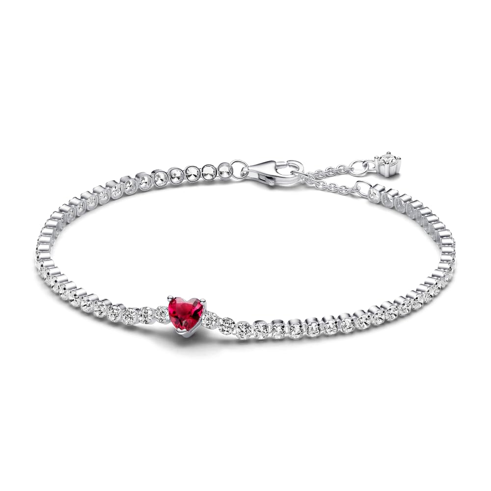 PANDORA Red Sparkling Heart Tennis Bracelet for Women - Sterling Silver with Man-Made Crystals - Elegant Valentine's Day, Anniversary or Birthday Gift for Her - Perfect for Date Nights, Parties & Special Occasions