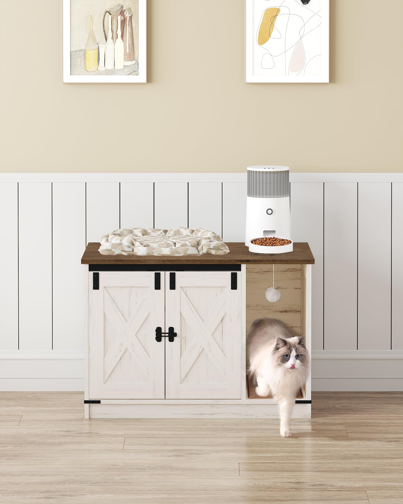 Hidden Cat Litter Box Enclosure Cabinet Furniture with Bell - Farmhouse Style Indoor Cat House (31.5