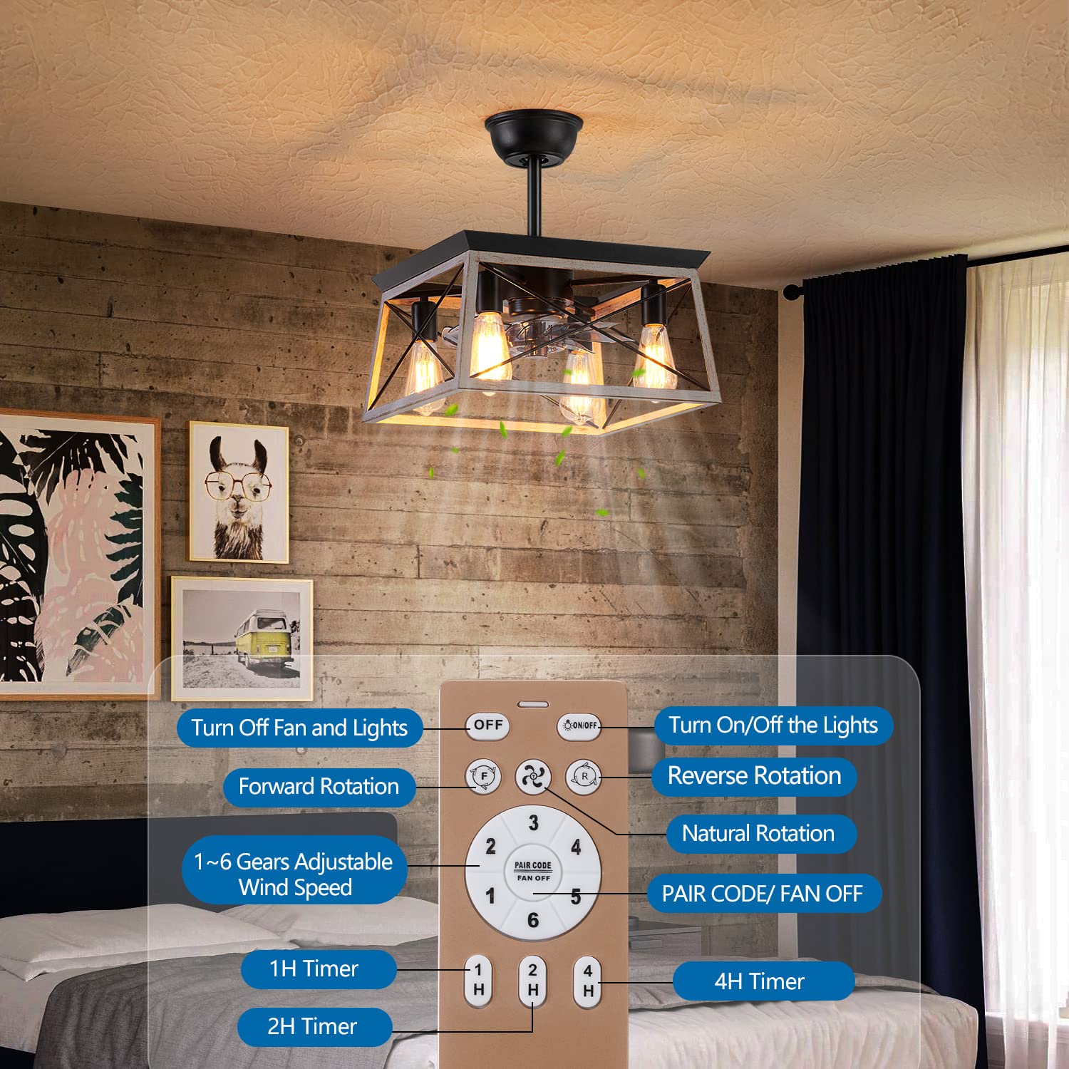 Rustic 4-Light Caged Bladeless Ceiling Fan with Remote - Farmhouse Style Indoor Fan with LED Lights for Living Room, Bedroom & Kitchen - Perfect for Home, Office and Patio Decor