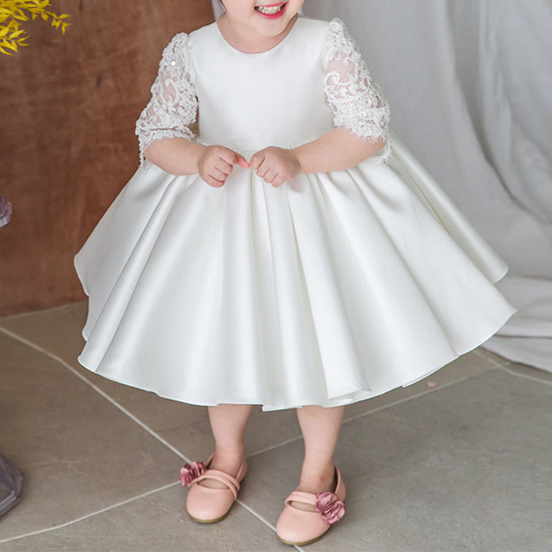 White Lace Puffed Sleeve Christening Dress for Baby Girls & Toddlers - Perfect for Baptism, First Communion, and Special Occasions