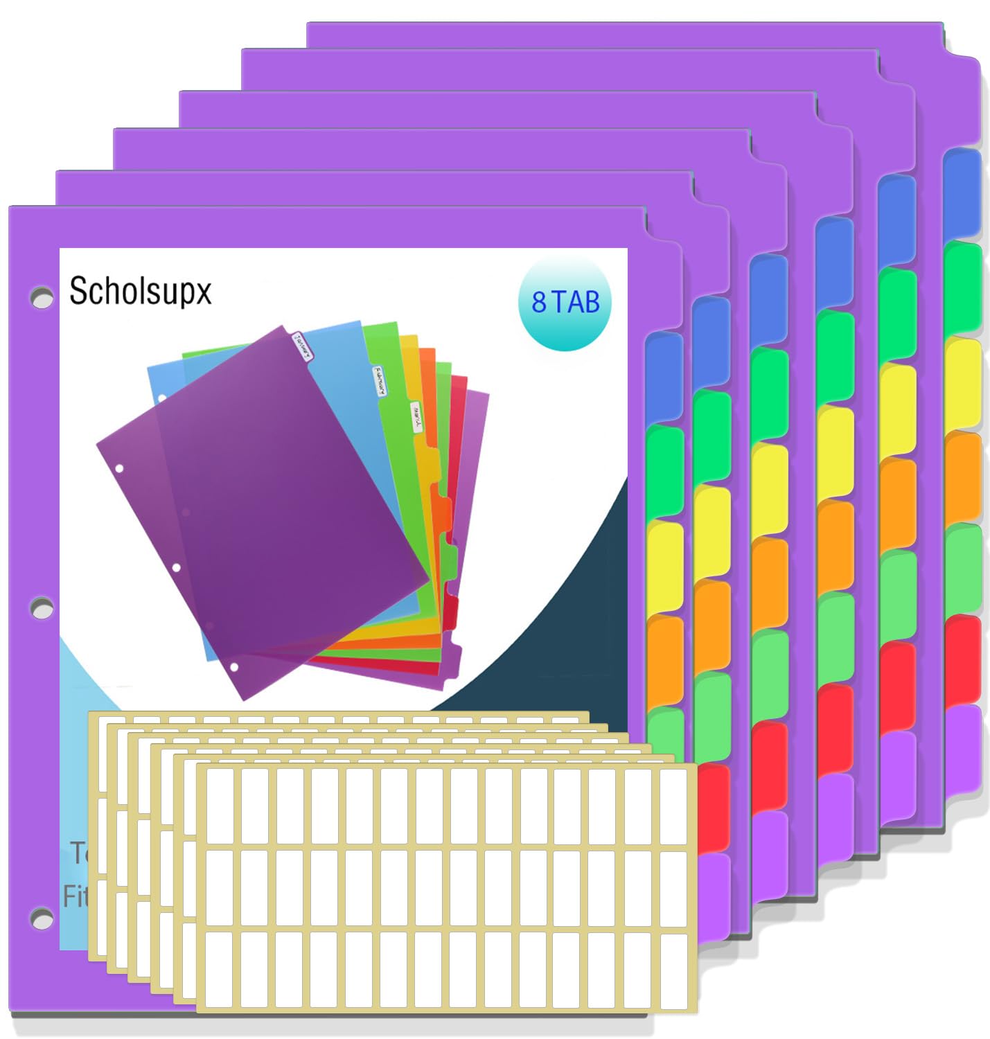Durable 8-Tab Plastic Binder Dividers for 3-Ring Binders - Customizable with 42 Labels, Letter Size - Perfect for Office Organization & School Supplies (Assorted Colors)